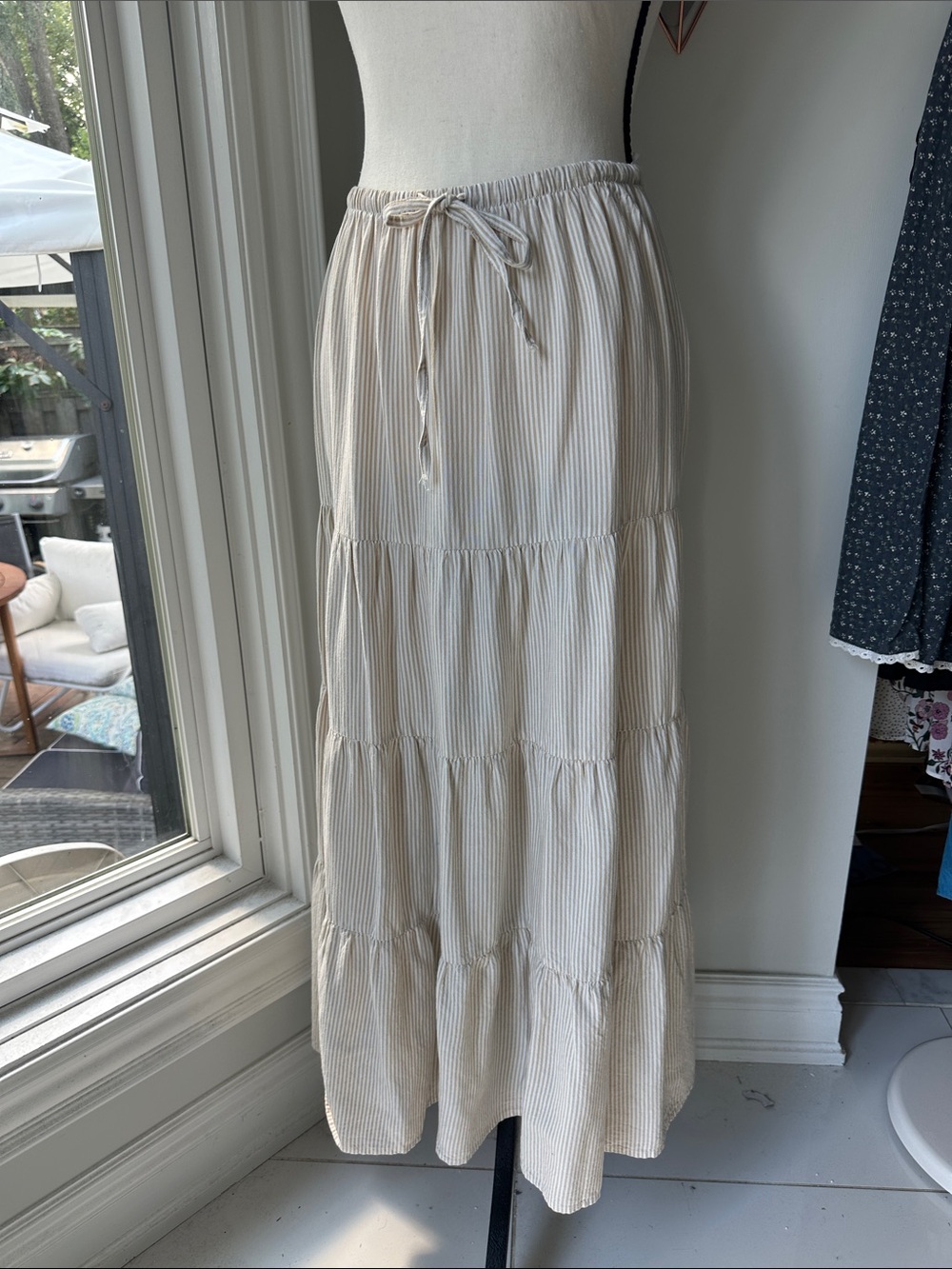 JAPNA Tiered Cream Tan Beige Striped Maxi Skirt Drawstring Waist Size Small